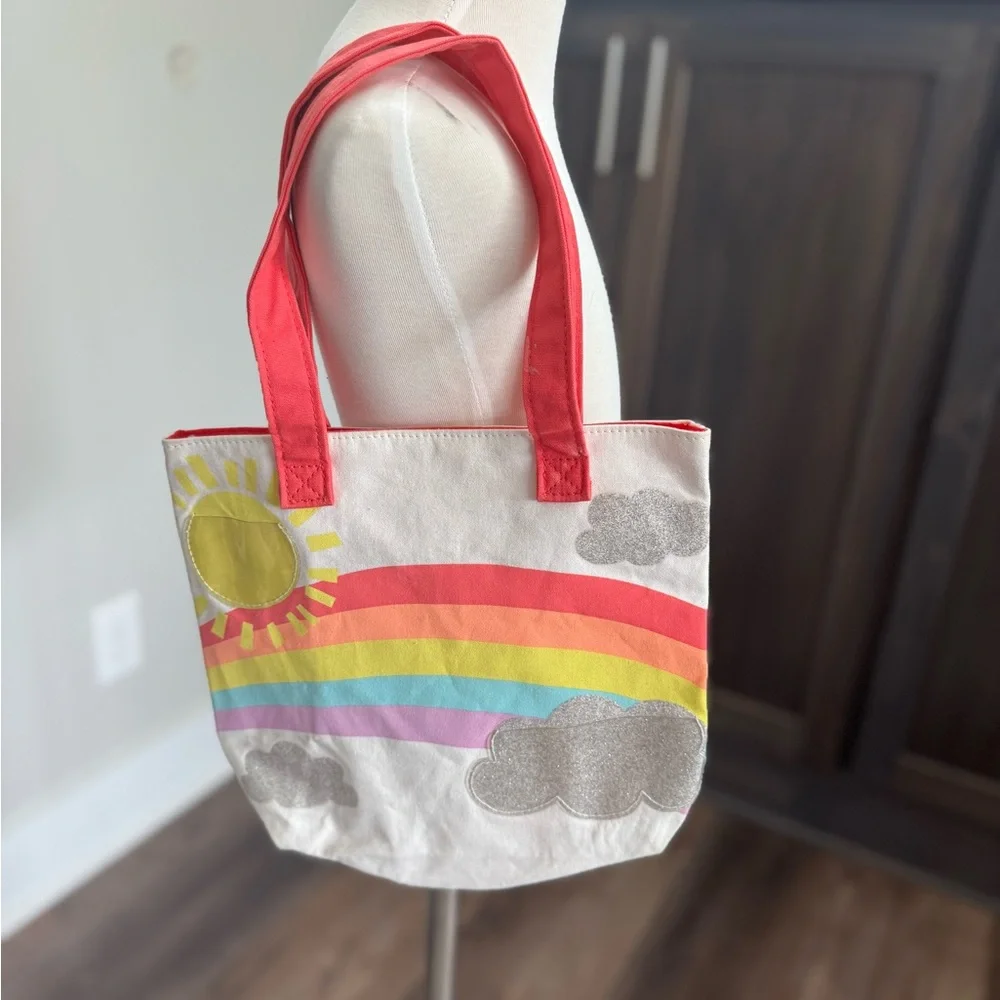 Colorful Rainbow Tote Bag with Pink Handles